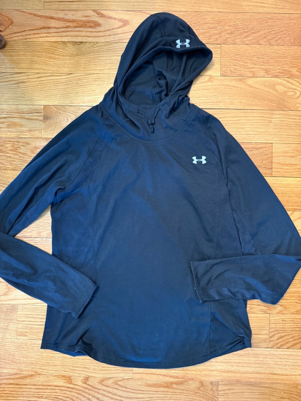 Under Armour Black Hooded Long Sleeve Top with Silver Logo women’s large